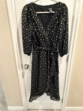 DKNY Black Midi Wrap Dress with Gold Dot Accent